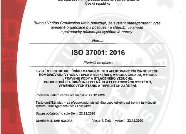 Veolia Energie ČR získala certifikát potvrzující uplatňování procesů protikorupčního systému