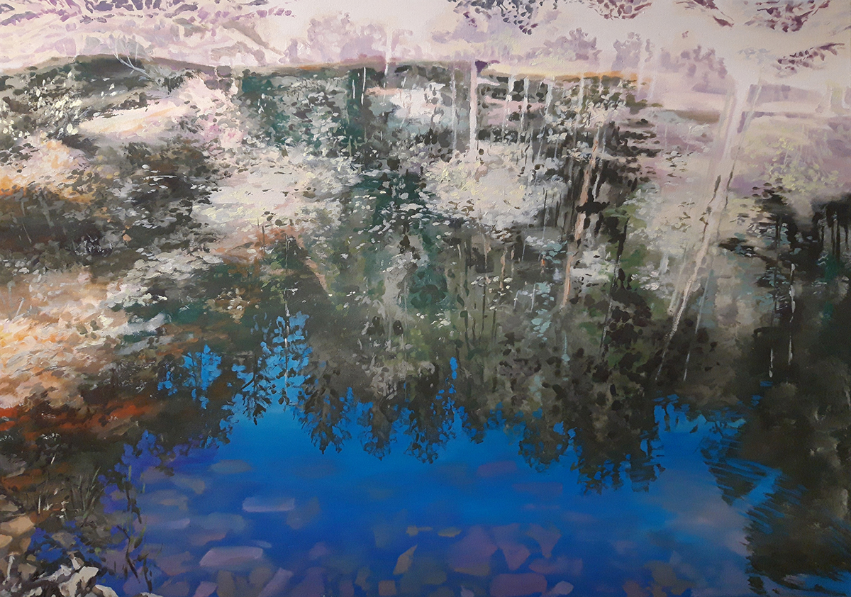 Smaragdové jezírko, 70 x 100 cm, akryl na plátně, 2023