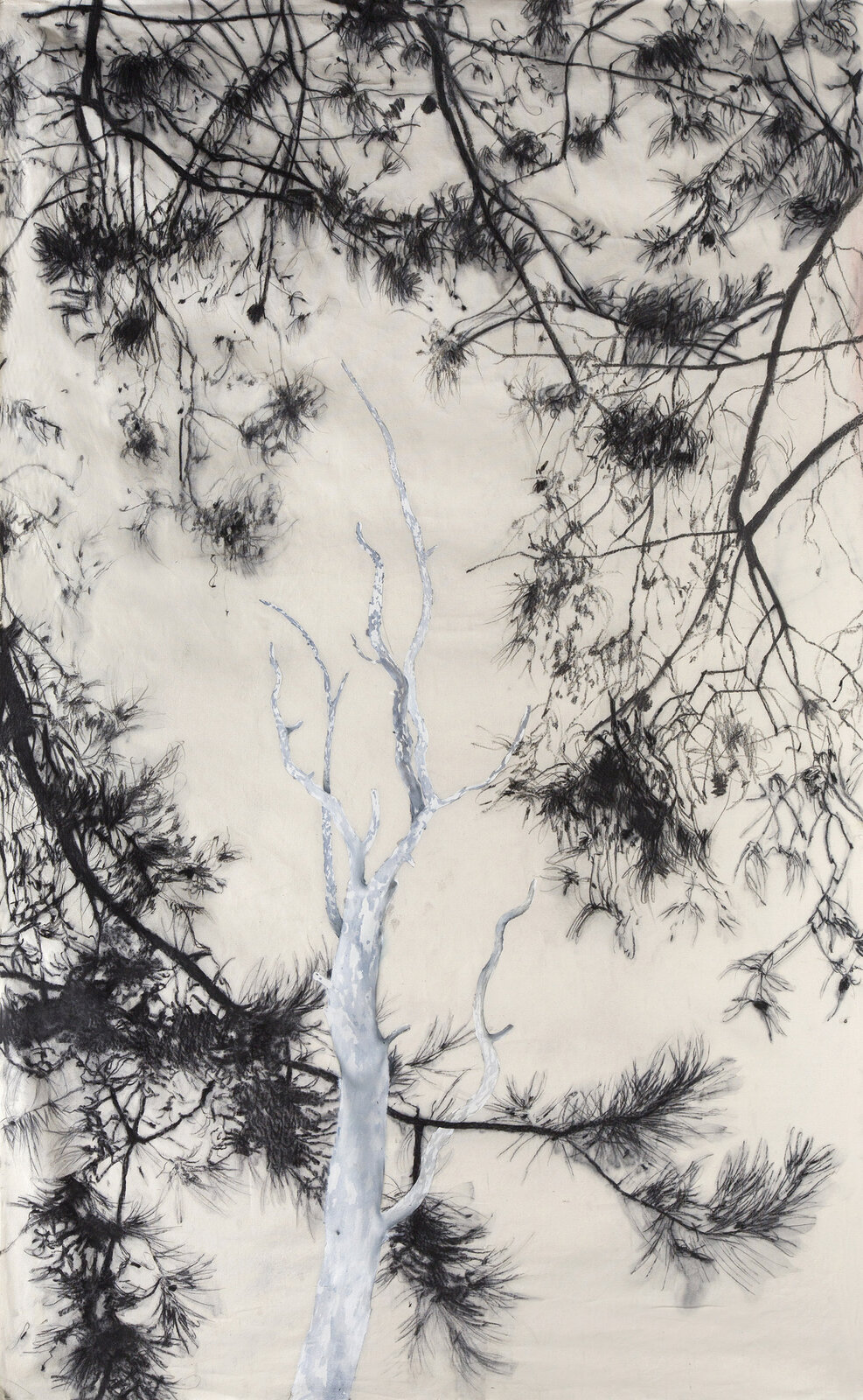 Struck by Lightning, 240 x 150 cm, grafit, uhlík a olej na plátně, 2021 Struck by Lightning, 240 x 150 cm, grafit, uhlík a olej na plátně, 2021