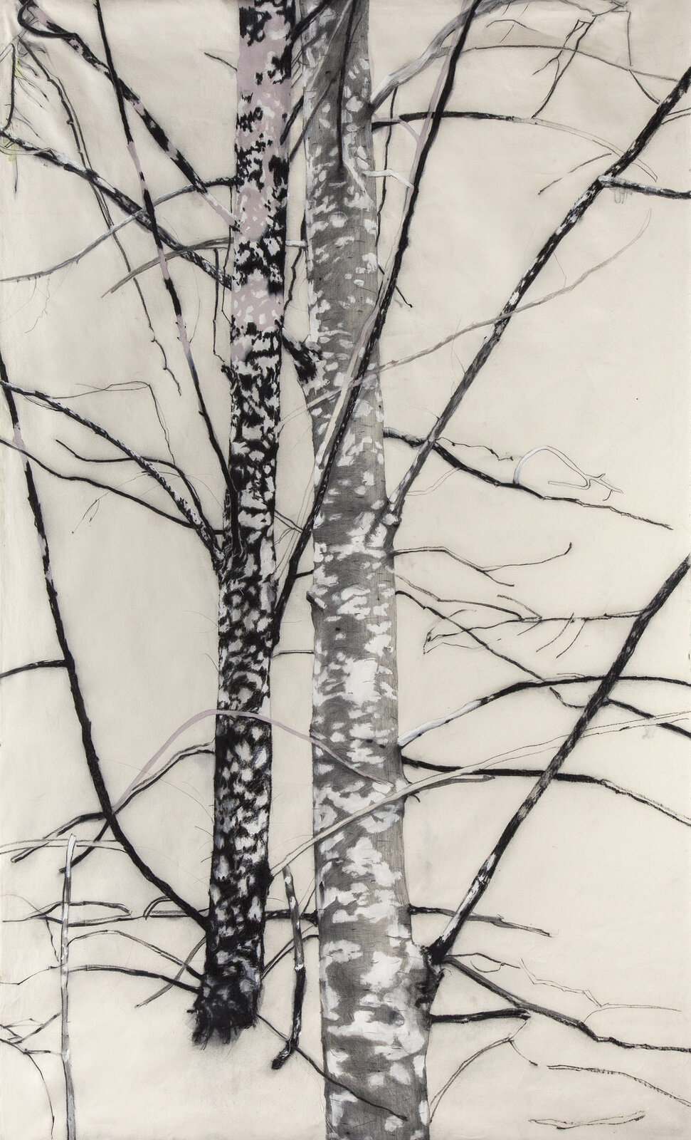 Trees with a Trunk Defect, 240 x 150 cm, grafit, uhlík a olej na plátně, 2021 Trees with a Trunk Defect, 240 x 150 cm, grafit, uhlík a olej na plátně, 2021